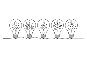 Continuous one line drawing of light bulb with growing plant
