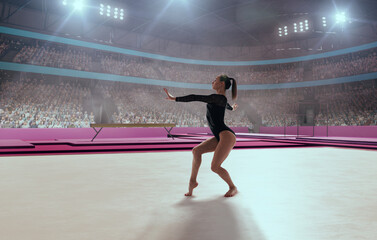 Female gymnast on professional gymnasts arena.