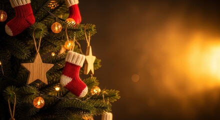 Festive Christmas Tree Decorated With Red Knitted Stockings And Warm Golden Lights
