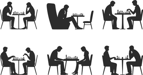 Silhouettes of people playing chess in various settings and poses on white background game strategy © MD. SABBIR