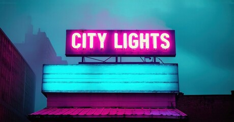 Neon sign displays City Lights. Buildings surround it, shrouded in mist. Vibrant pinks, blues dominate scene. Dramatic lighting creates mood.