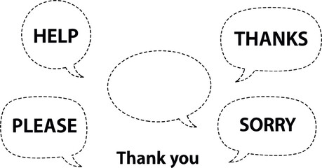 Hand Drawn Dotted Speech Bubble Set with Help Thanks Please and Sorry Text for Communication Design