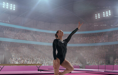Female gymnast on professional gymnasts arena.