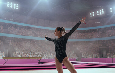 Female gymnast on professional gymnasts arena.