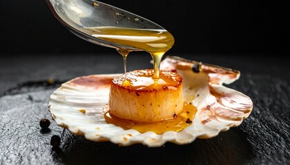 A seared scallop in its shell is glazed with a golden sauce from a spoon set on a dark textured surface with peppercorns