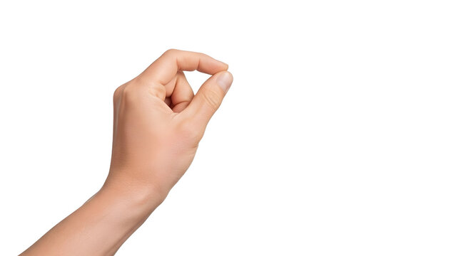 Hand making a pinching gesture, thumb and index finger together, isolated on transparent background