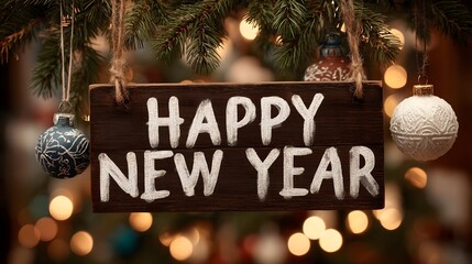 Greeting card crafted for New Year celebration with festive decorations and warm lights