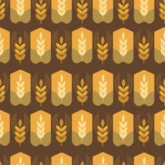 Seamless pattern Wheat, spikelet, bread, flour, pastries, pattern in Scandinavian style in beige and brown tones, for packaging of bakery products, flour, packaging. vector