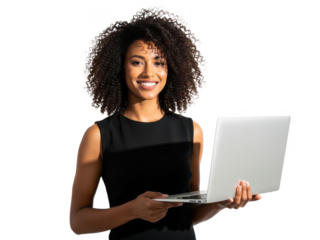 Smiling young african american businesswoman holding a laptop computer isolated on transparent background