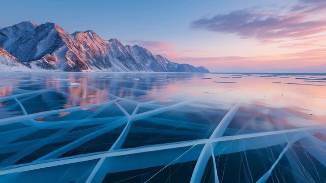 Frozen lake with cracked blue ice reflecting snow covered mountains under soft pastel sunrise creating calm dramatic winter landscape