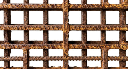 Rustic weathered metal grate with rust texture on a transparent background