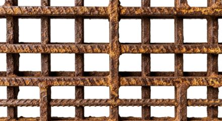 Rustic weathered metal grate with rust texture on a transparent background