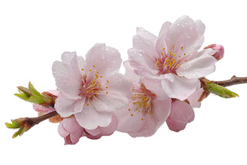 Two cherry blossom branches crossing in a loose X, blush pink blooms with a few buds and tiny dew droplets, no shadow or reflection isolated on transparent background.
