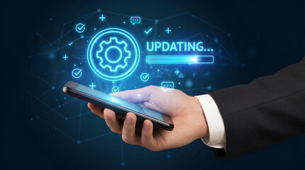 Businessman updating mobile app with glowing blue interface