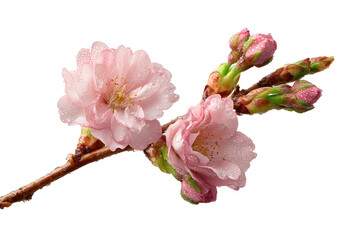 Two cherry blossom branches crossing in a loose X, blush pink blooms with a few buds and tiny dew droplets, no shadow or reflection isolated on transparent background.
