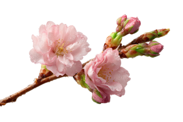 Two cherry blossom branches crossing in a loose X, blush pink blooms with a few buds and tiny dew droplets, no shadow or reflection isolated on transparent background.
