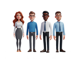 Group of four diverse 3d cartoon business people characters standing together, isolated on transparent background