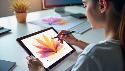 Young designer with pale skin creating colorful graphic layout on tablet at clean desk, warm background