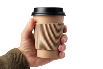 Close up of a hand grasping a minimal kraft coffee cup with black lid and textured sleeve, casual everyday drink moment isolated on transparent background.
