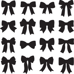 A grid of sixteen black bow tie silhouettes showcasing various shapes and sizes and decorative accents also transparent background