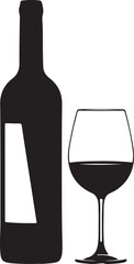 Silhouette of a wine bottle with a blank label and a glass filled with dark red wine on a white background also transparent background