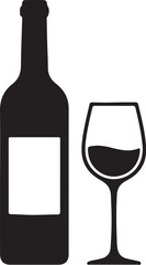 Silhouette of a wine bottle with a blank label and a glass filled with dark liquid on a white background representing a classic beverage pairing for enjoyment and also transparent background