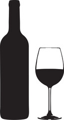 Silhouette of a wine bottle with a blank label and a glass filled with dark red wine on a white background also transparent background