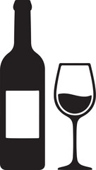 Silhouette of a wine bottle with a blank label next to a wine glass filled with dark liquid on a white background representing a simple beverage concept also transparent background