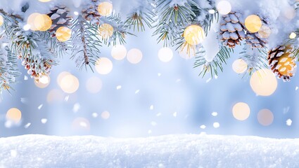 Snowy pine tree branches with pinecones and lights on snowy ground with bokeh effect