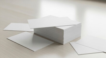 A stack of plain white business cards or blank rectangular paper cards on a light wooden table, with several cards scattered around.