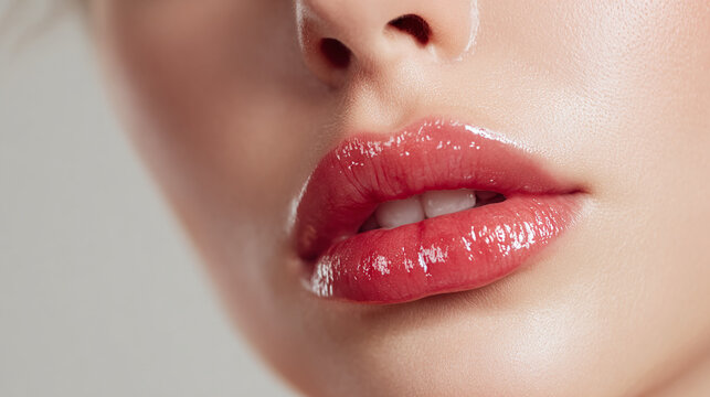 Beautiful woman showing full lips and glossy lipstick makeup