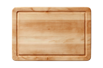 End grain maple wooden cutting board with a juice groove, oiled finish and subtle knife marks, one corner chamfered isolated on transparent background.
