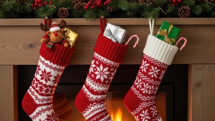 Close up of red and white knitted Christmas stockings hanging from a fireplace mantel. Holiday seasonal decoration for Christmas and New Year.