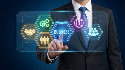 Businessman interacting with futuristic business interface