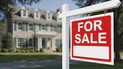 Red for sale sign in front of a large colonial house with green shutters, real estate sale, home ownership, property investment, residential market, realtor services