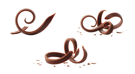 Three elegant chocolate shavings with artistic curls and swirls on a transparent background