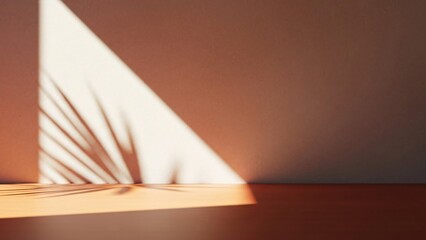 Soft light and shadow play on wall and floor, abstract background, interior design, sunlight through window, palm leaf shadow, warm tones, minimalist aesthetic, empty space
