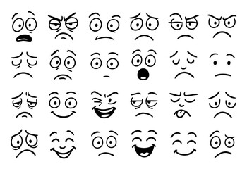 A set of various cartoon faces with different emotions on a white background. doodle
