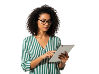 Young woman with curly hair and glasses using a digital tablet, isolated on transparent background