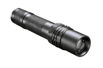 Tactical style flashlight in anodized dark graphite with a knurled grip and lightly crenelated bezel, tail switch visible and subtle edge wear isolated on transparent background.
