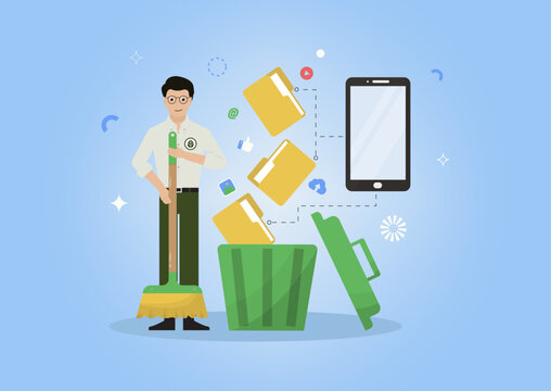 Man Deleting Files from Smartphone to Trash. data management, digital decluttering, and mobile storage cleanup concepts. Digital cleanup day.  Cleanup digital data. Flat design. Vector illustration.