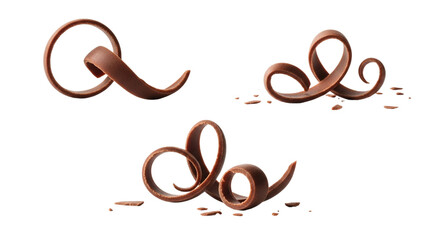 Three elegant chocolate shavings with artistic curls and swirls on a transparent background