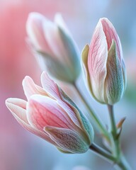 Pastel buds opening softly, spring flowers, tender new life