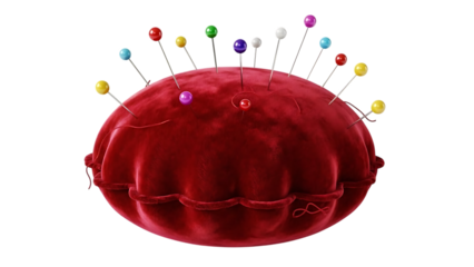 Red pincushion with colorful pins against black background sewing needle