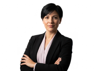 Professional woman with short dark hair in black blazer and light blouse with arms crossed, isolated on transparent background