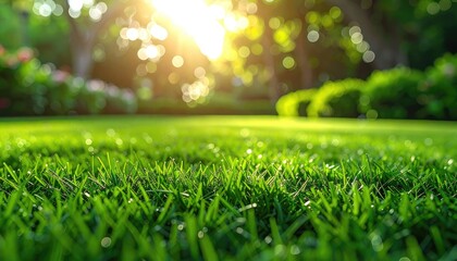 Naklejka premium Vibrant green grass blades sparkling under the bright morning sunlight with a beautiful bokeh background.
