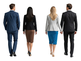 Fototapeta premium Two business couples walking away from camera, men in suits and women in professional attire, isolated on transparent background