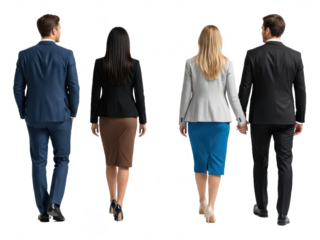 Two business couples walking away from camera, men in suits and women in professional attire, isolated on transparent background