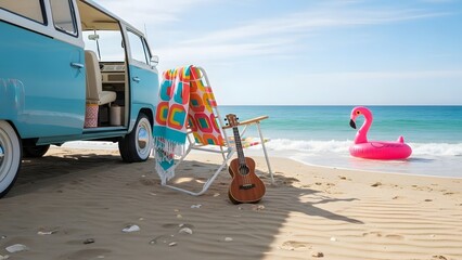 Retro blue van parked on sandy beach with beach chair, ukulele, and flamingo float by ocean on sunny day