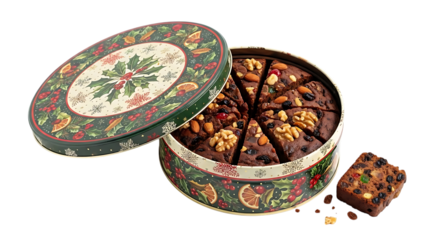 Round Christmas fruitcake sliced in festive tin with lid open image